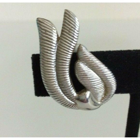 Signed Monet Silver Tone Ribbed Clip On Earrings - Picture 2 of 4